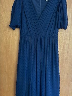 J. Crew Navy Textured Swiss Dot Wrap Midi Dress